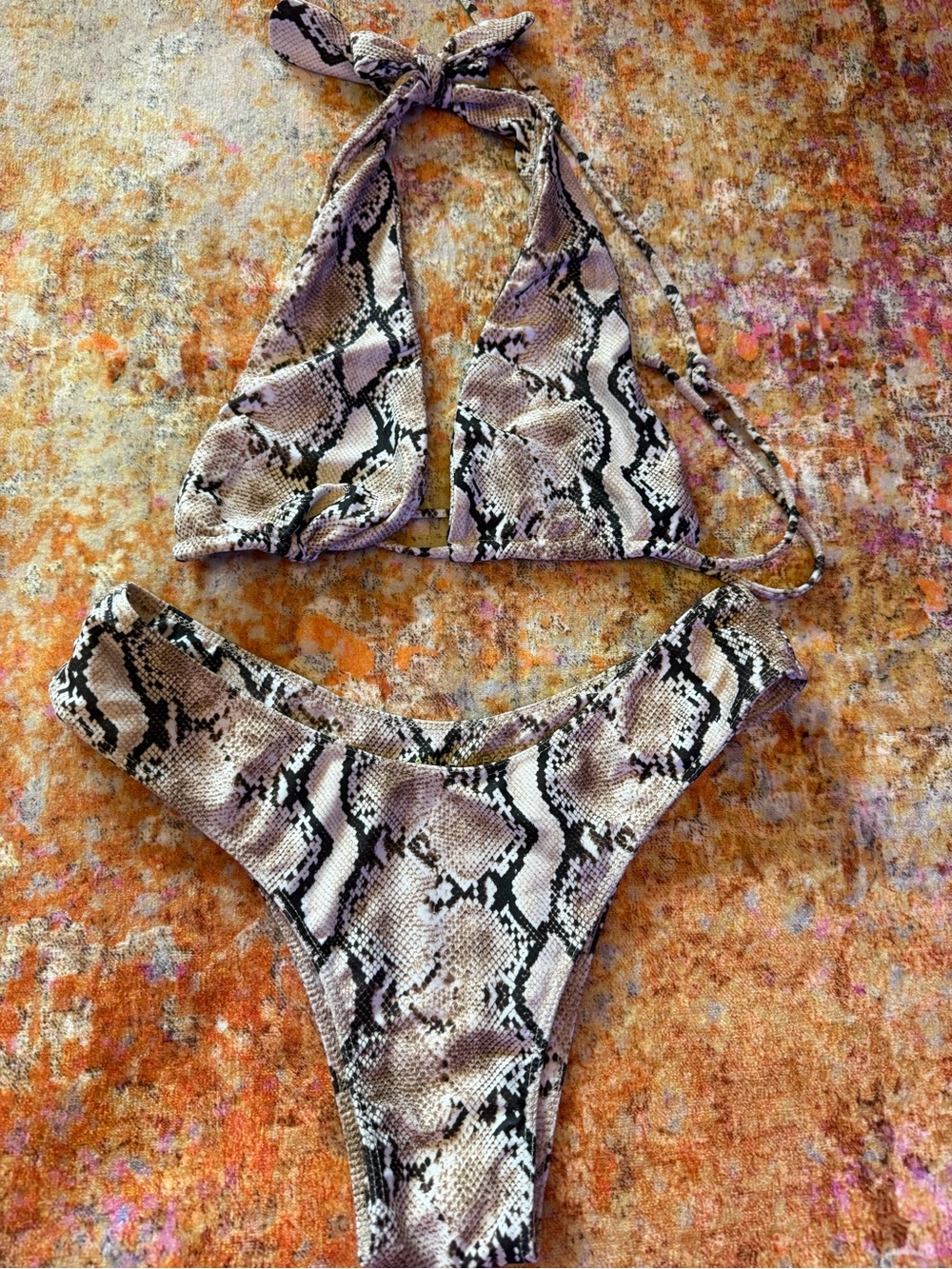 Snake-Print Triangle Bikini in Taupe & Black